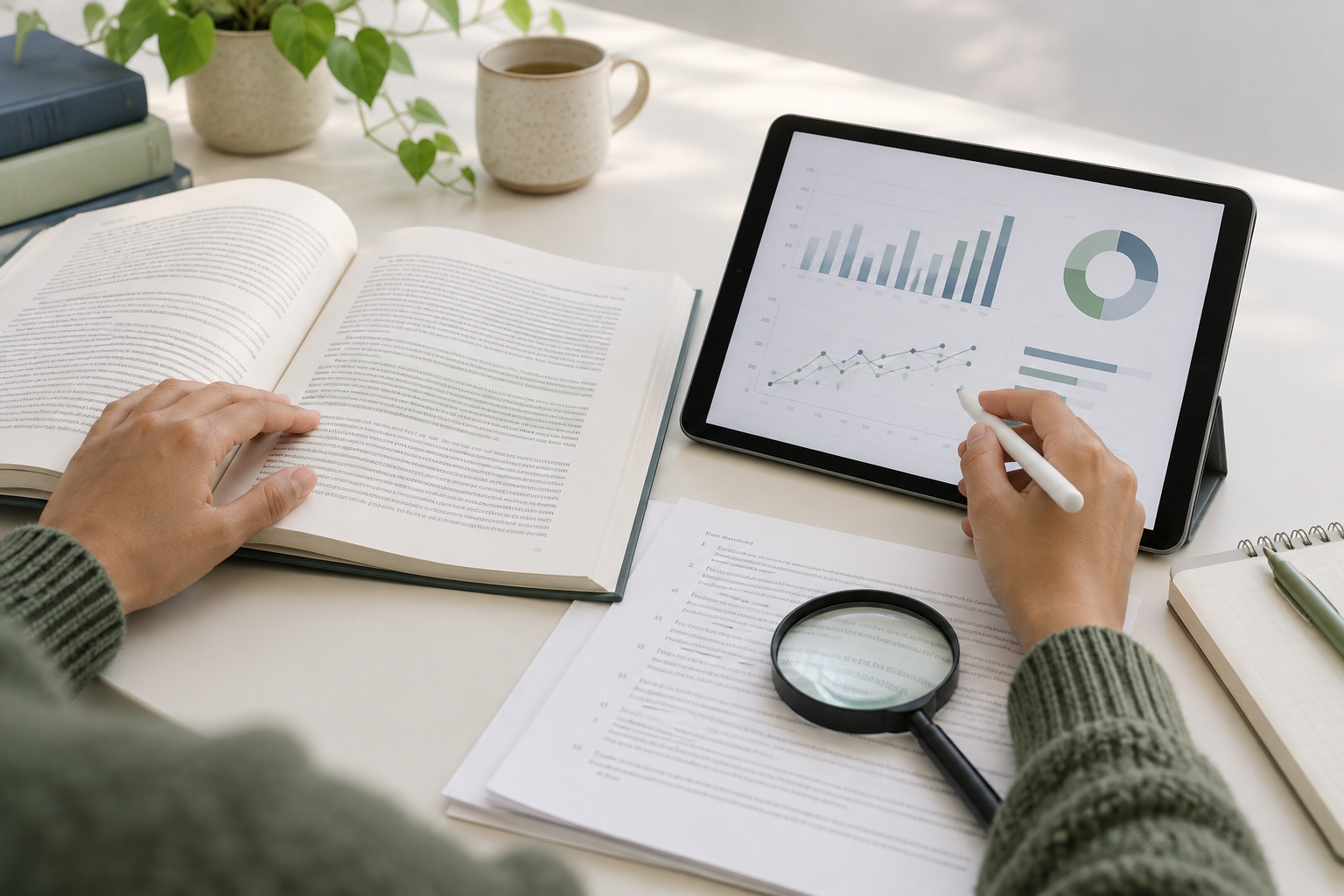 A reader compares research materials and health data with a magnifying glass